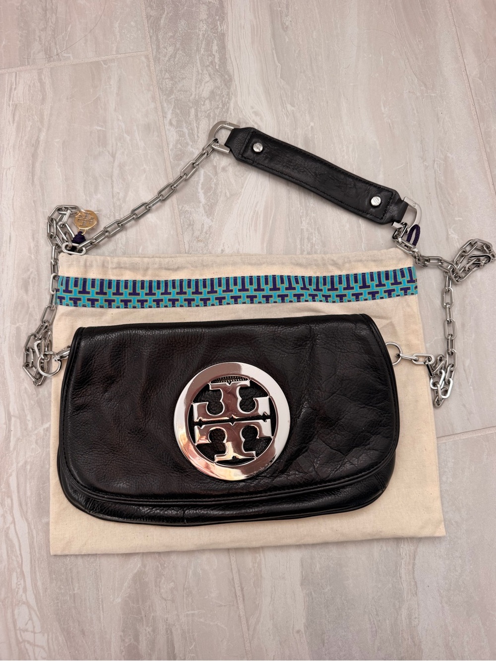Tory Burch Reva Black Leather Shoulder Bag with Silver Logo Medallion